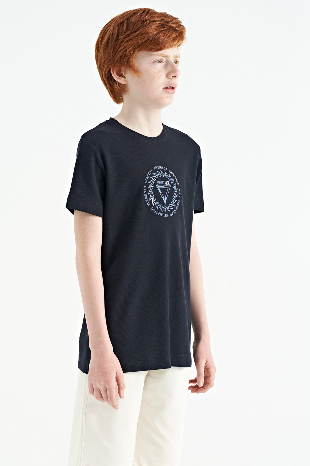 Navy Blue Embroidered Detailed O Collar Standard Fit Boys T-Shirt - 11115