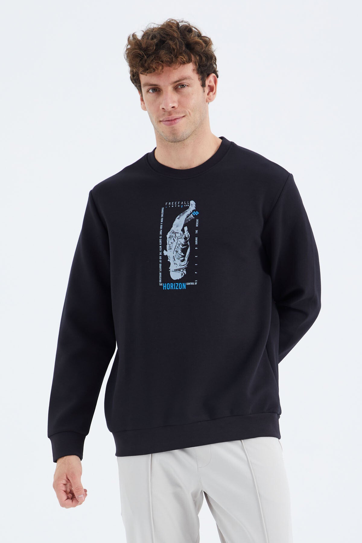 Navy Blue O Collar Printed Detailed Relax Fit Men's Sweatshirt - 88283