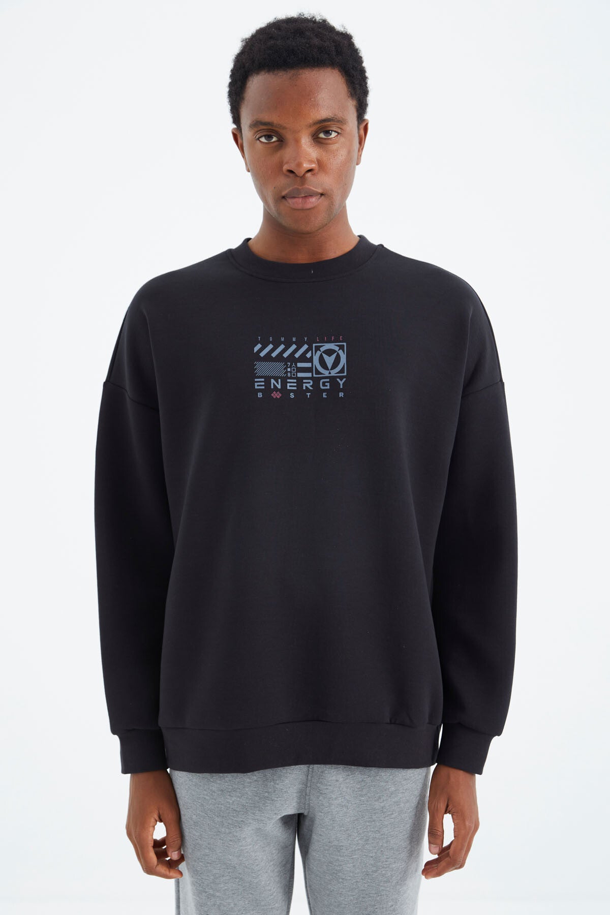 Navy Blue O Collar Printed Detailed Relax Fit Men's Sweatshirt - 88284