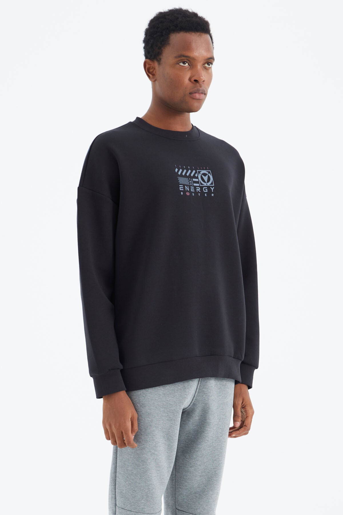 Navy Blue O Collar Printed Detailed Relax Fit Men's Sweatshirt - 88284
