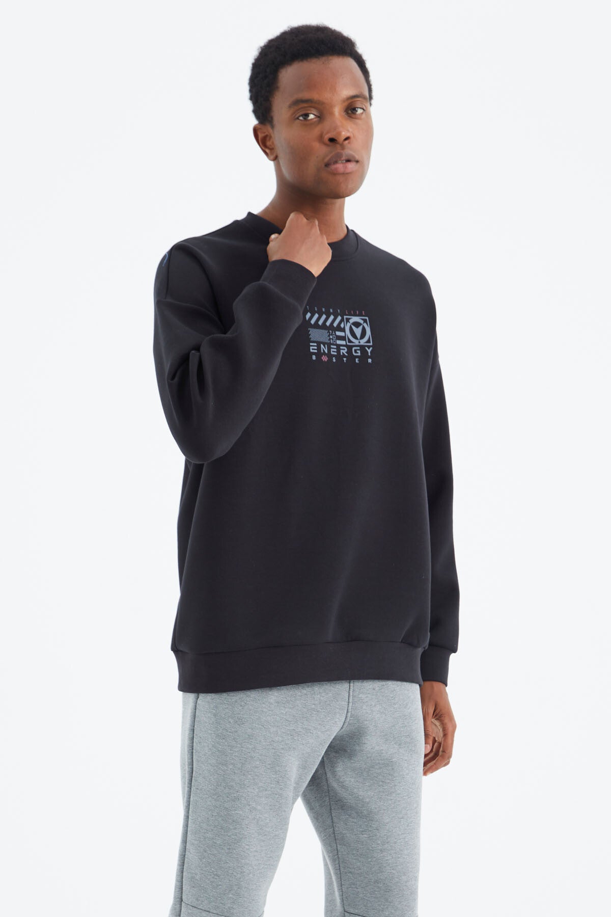 Navy Blue O Collar Printed Detailed Relax Fit Men's Sweatshirt - 88284