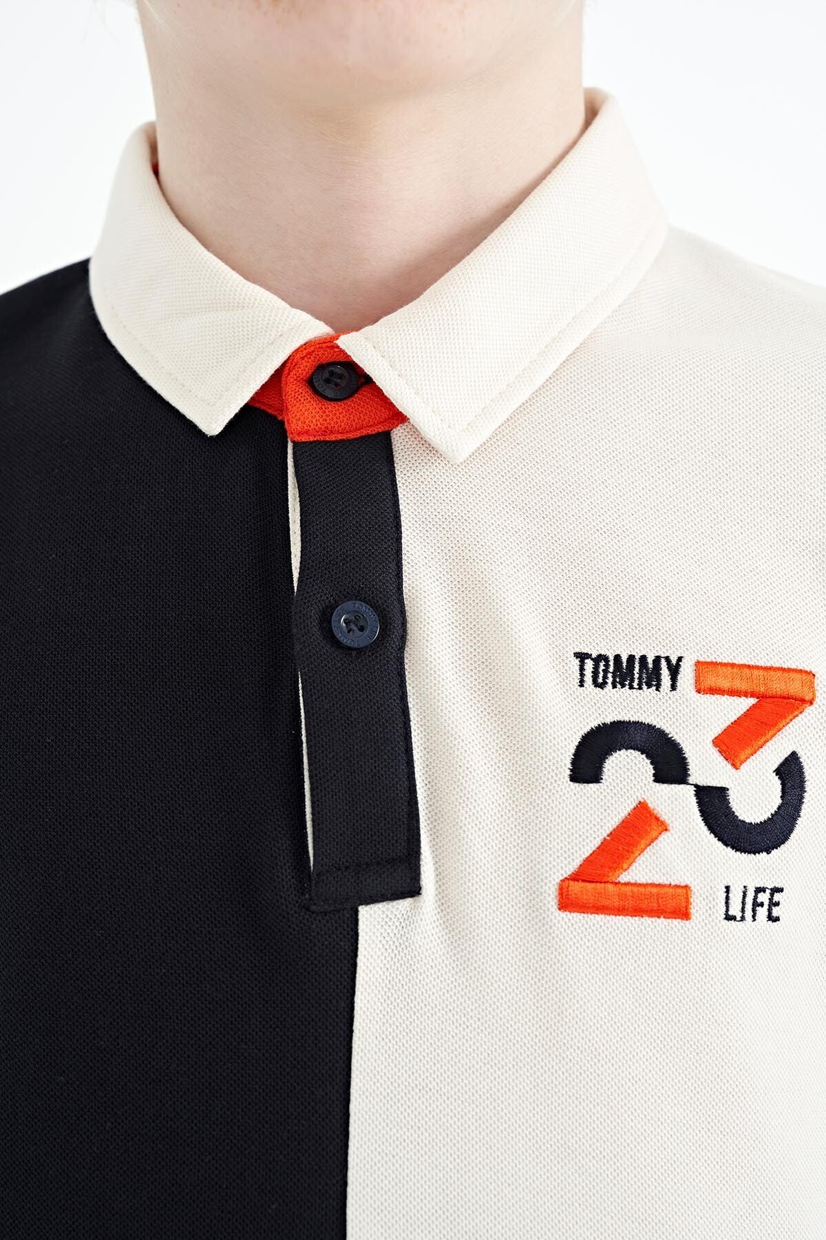 Navy Blue Block Embroidery Detailed Standard Pattern Polo Collar Boys T-Shirt - 11108