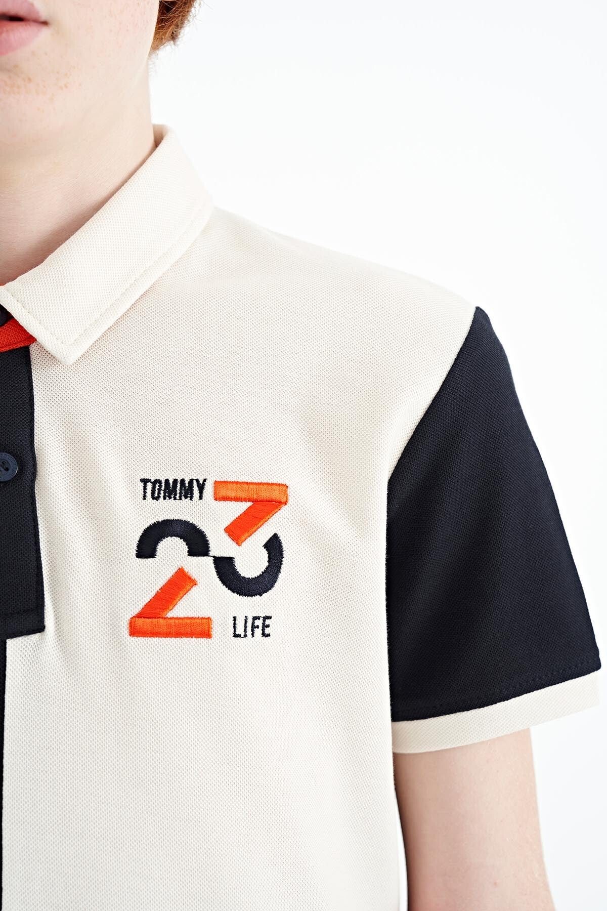 Navy Blue Block Embroidery Detailed Standard Pattern Polo Collar Boys T-Shirt - 11108