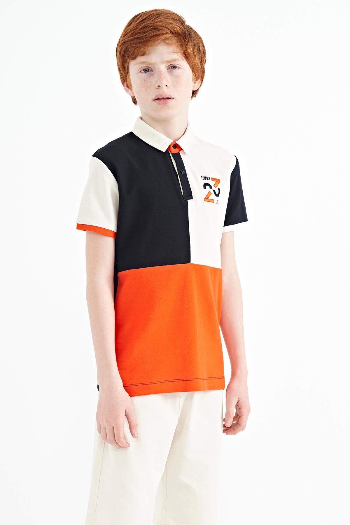 Navy Blue Block Embroidery Detailed Standard Pattern Polo Collar Boys T-Shirt - 11108