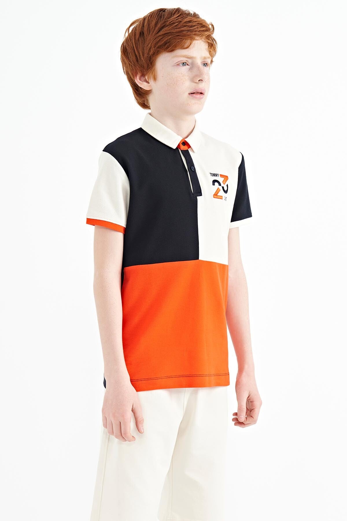 Navy Blue Block Embroidery Detailed Standard Pattern Polo Collar Boys T-Shirt - 11108