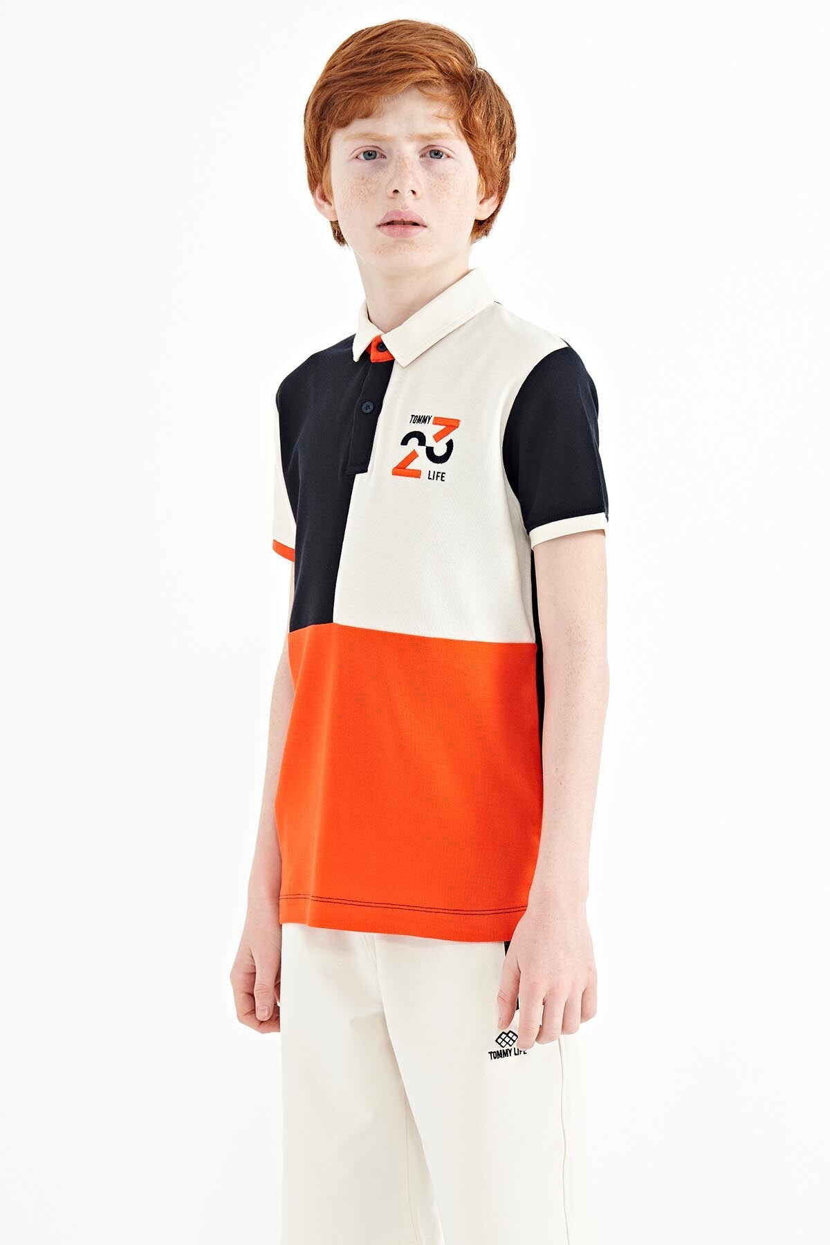 Navy Blue Block Embroidery Detailed Standard Pattern Polo Collar Boys T-Shirt - 11108