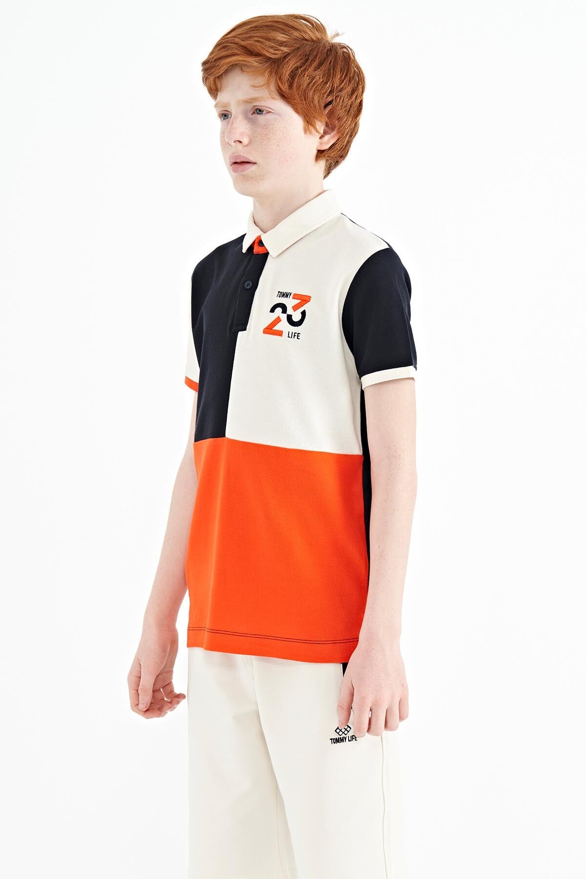 Navy Blue Block Embroidery Detailed Standard Pattern Polo Collar Boys T-Shirt - 11108