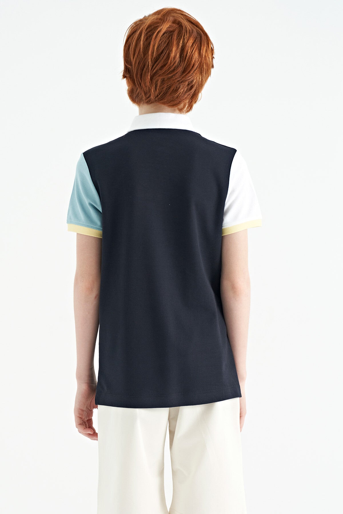 Navy Blue Block Embroidery Letter Detailed Standard Template Polo Collar Boys T-Shirt - 11109