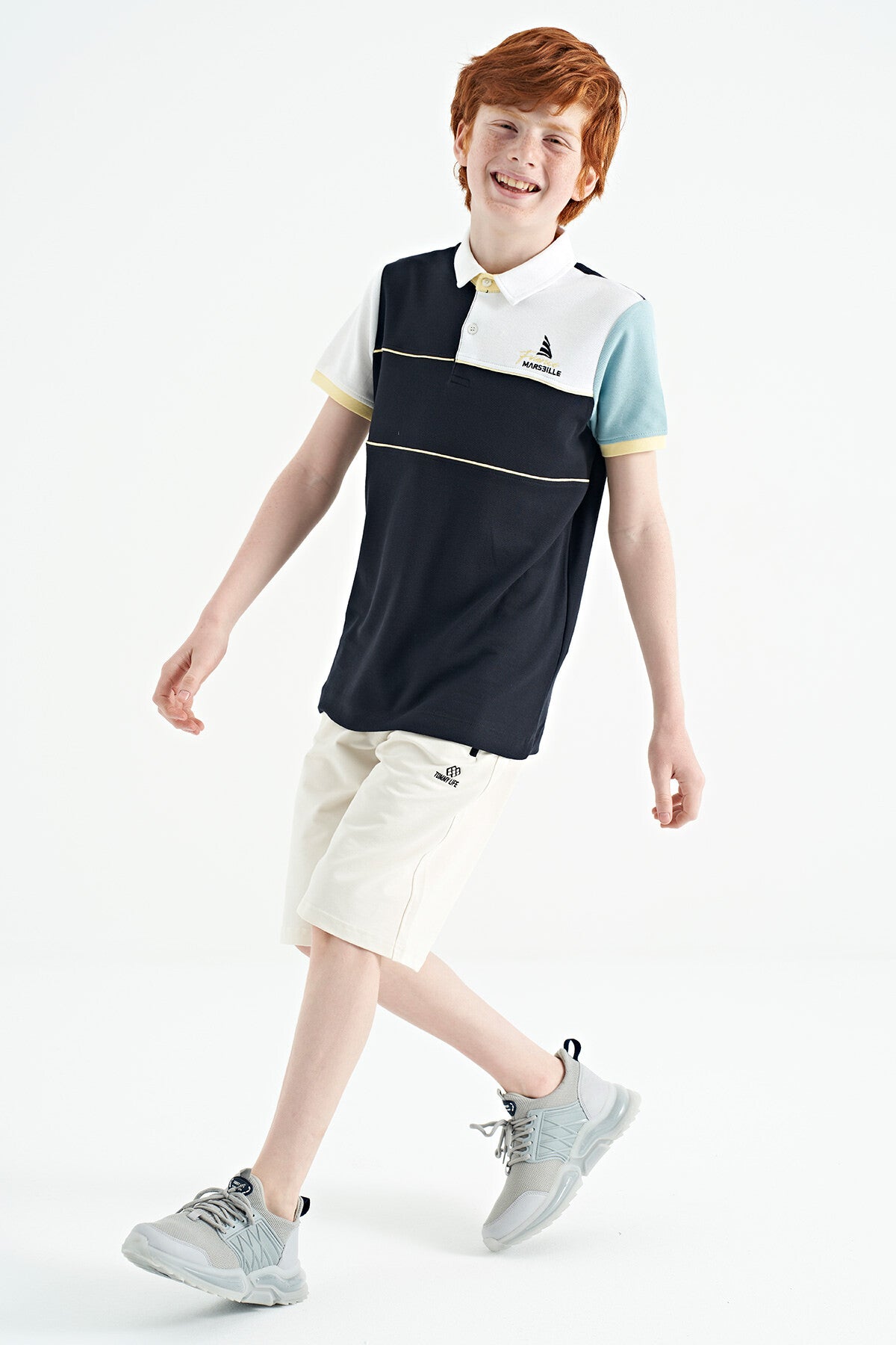 Navy Blue Block Embroidery Letter Detailed Standard Template Polo Collar Boys T-Shirt - 11109