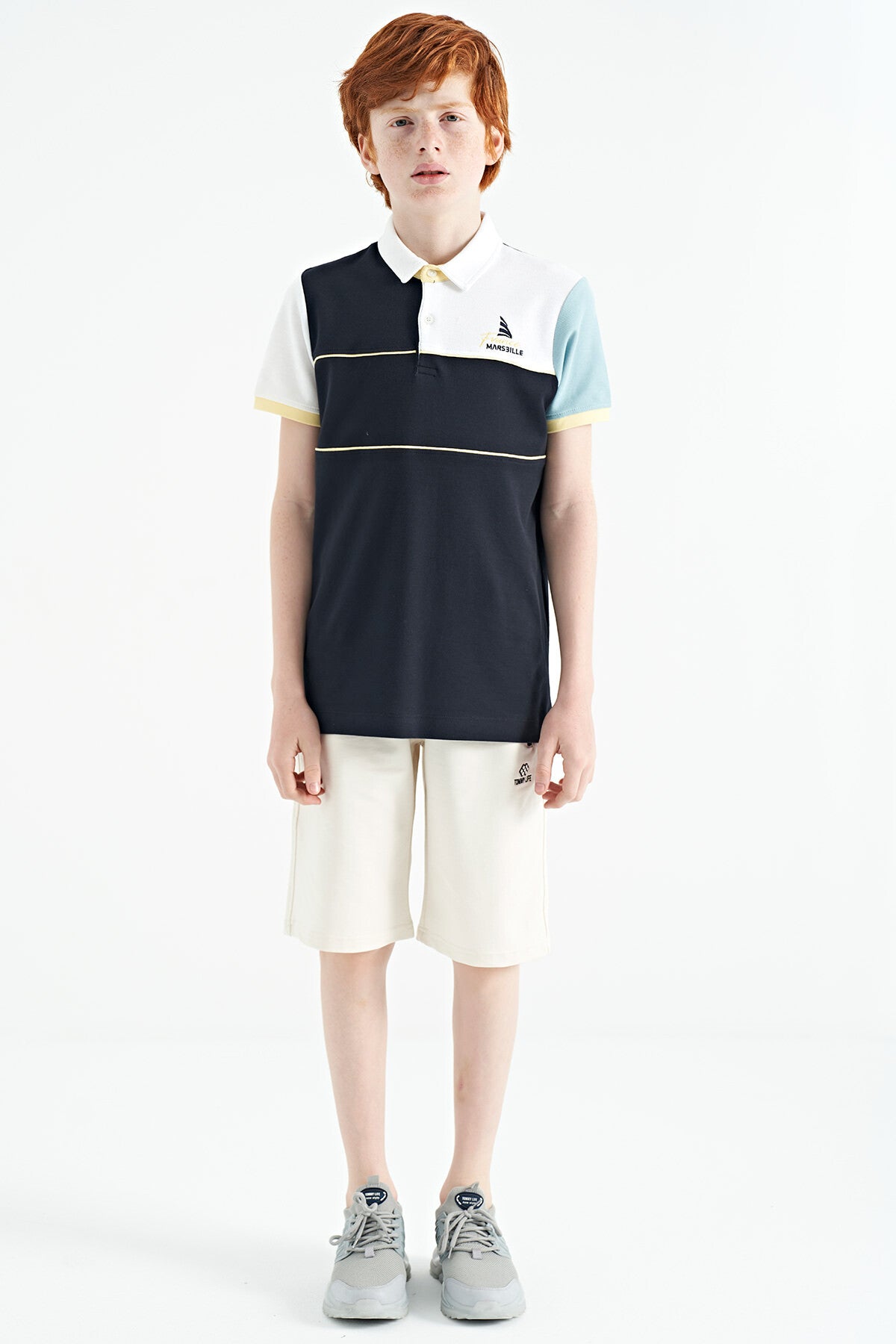 Navy Blue Block Embroidery Letter Detailed Standard Template Polo Collar Boys T-Shirt - 11109