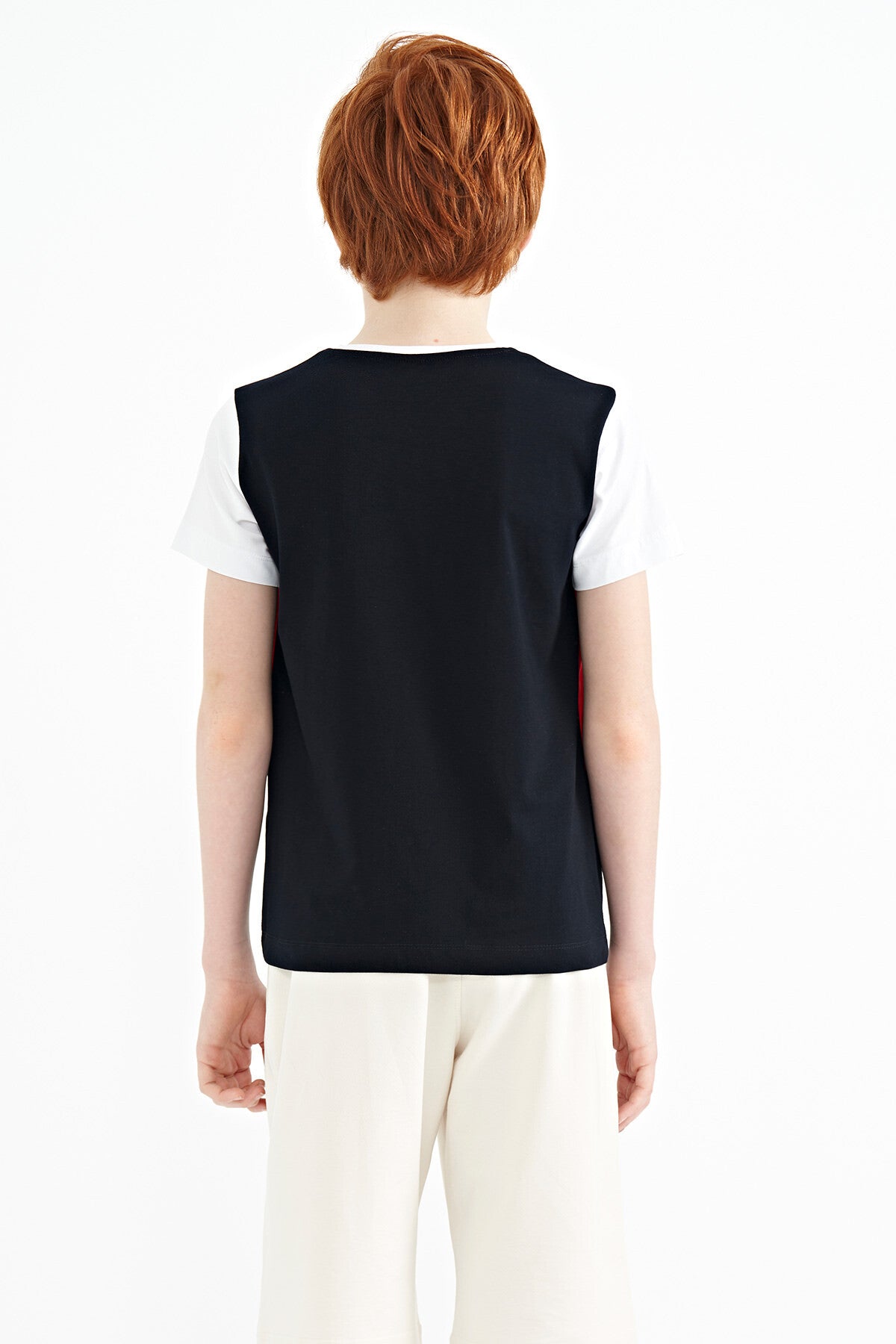 Navy Blue Block O Collar Printed Detailed Standard Fit Boys' T-Shirt - 11135