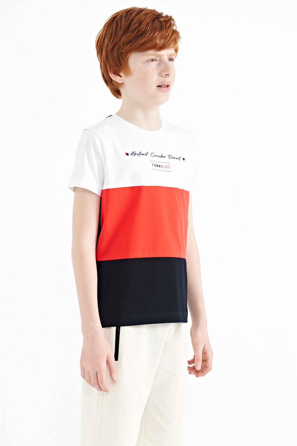 Navy Blue Block O Collar Printed Detailed Standard Fit Boys' T-Shirt - 11135