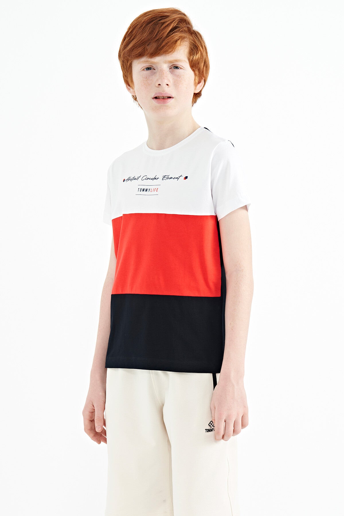 Navy Blue Block O Collar Printed Detailed Standard Fit Boys' T-Shirt - 11135