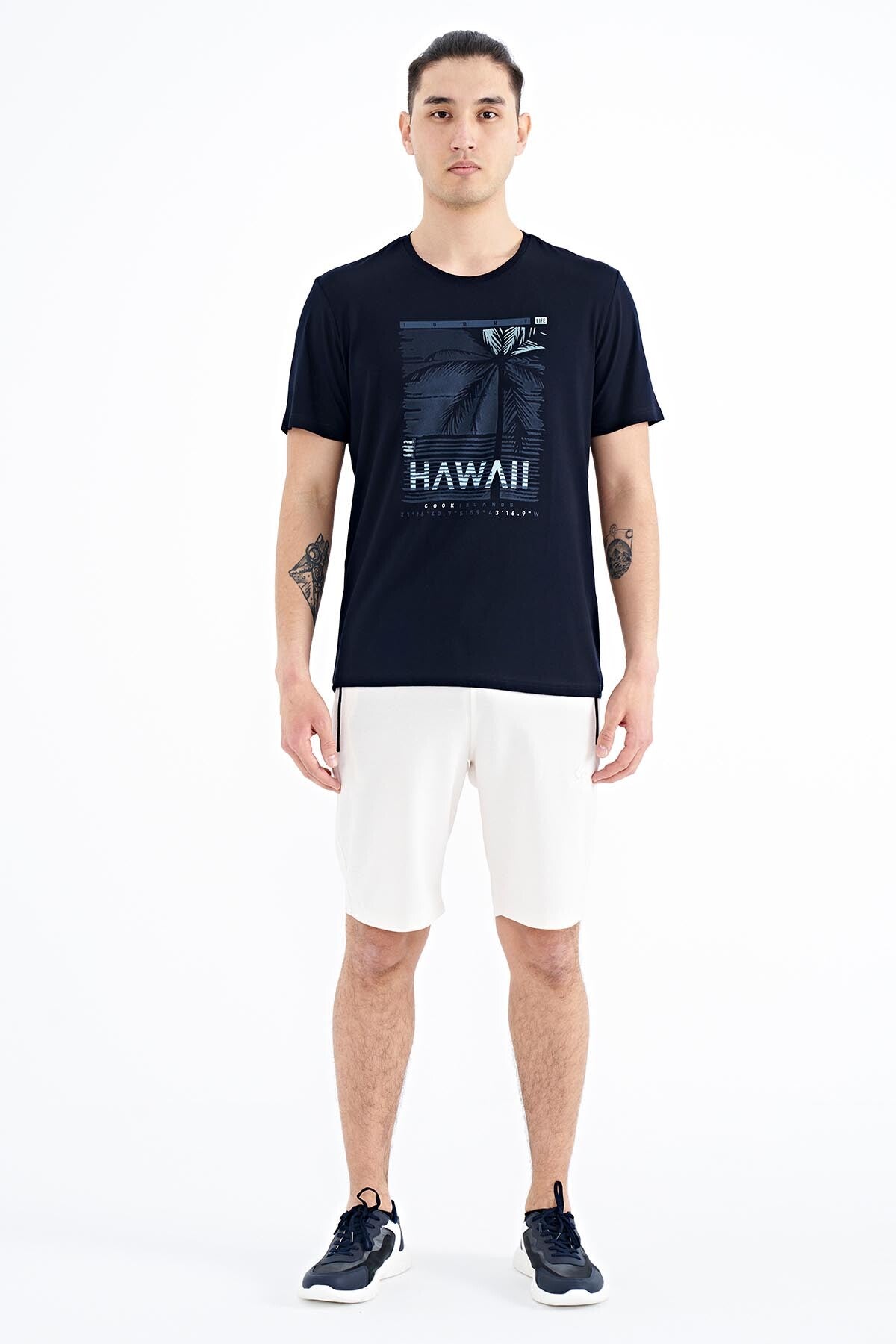 Navy Blue Slogan Printed O Collar Standard Fit Men's T-shirt - 88190