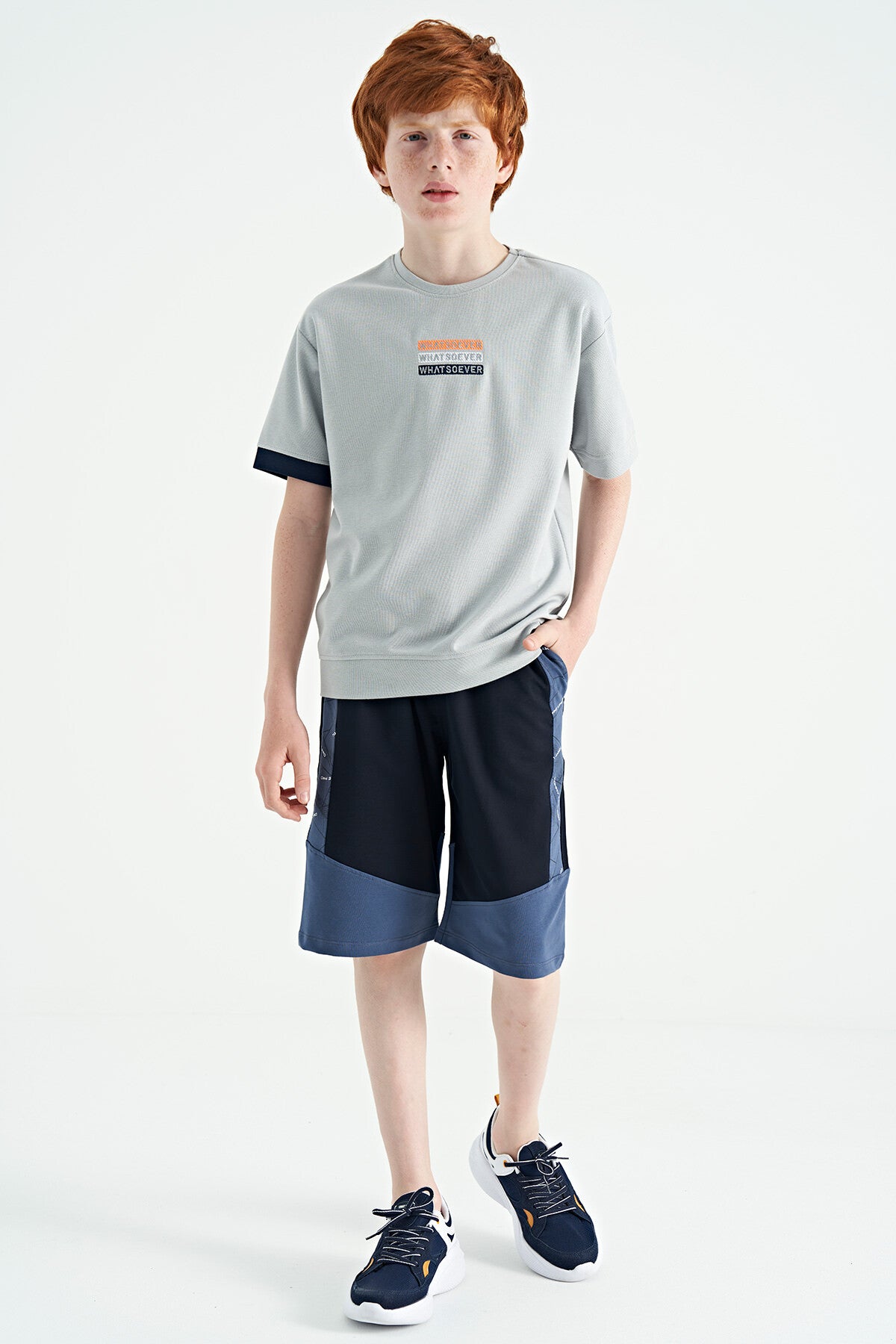 Navy Blue Side Print Detailed Color Blocked Standard Fit Boys Shorts - 11141