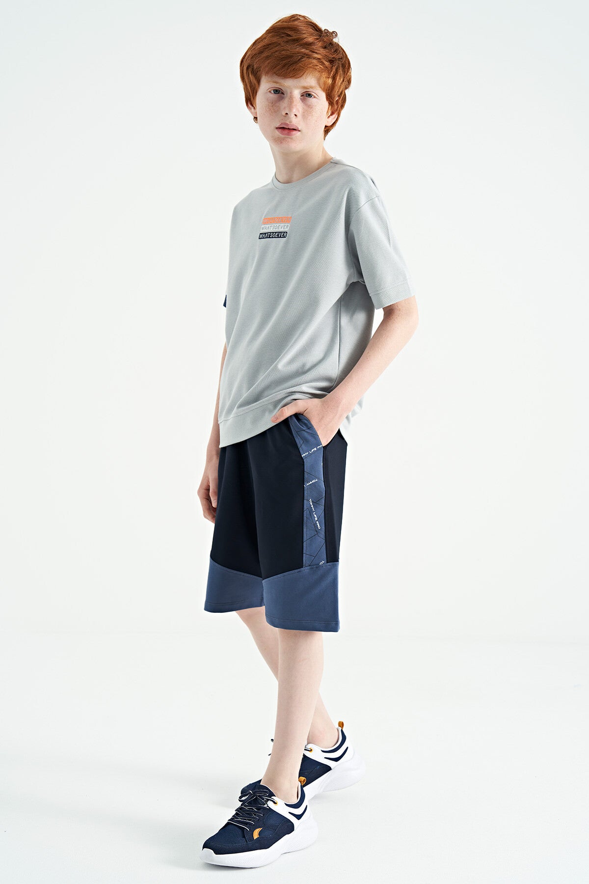 Navy Blue Side Print Detailed Color Blocked Standard Fit Boys Shorts - 11141