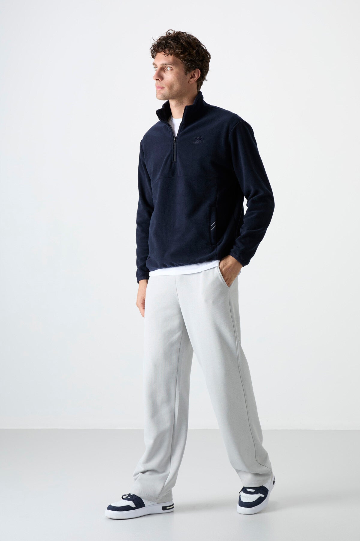 Navy Blue Half-Zip Sweatshirt Slim Fit Stand Collar Men's Fleece - 87891