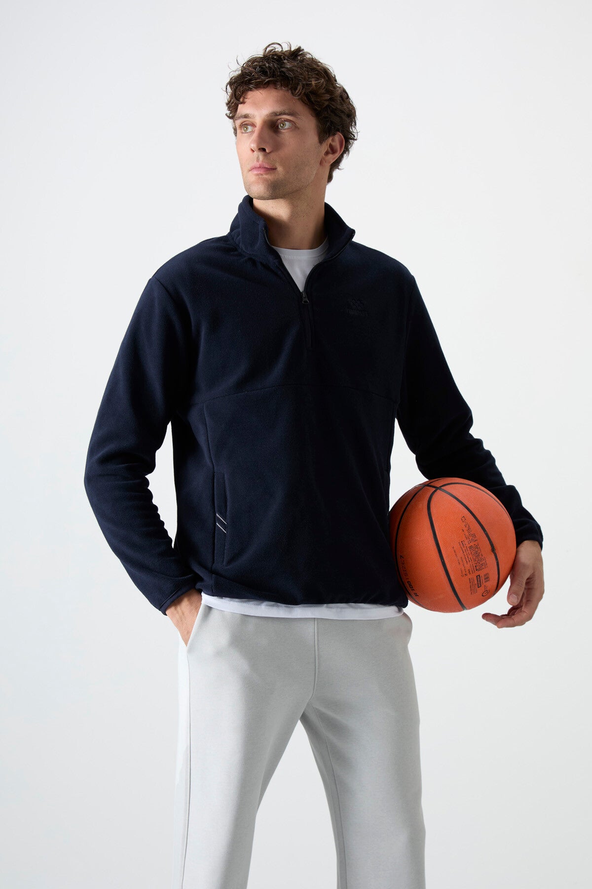 Navy Blue Half-Zip Sweatshirt Slim Fit Stand Collar Men's Fleece - 87891