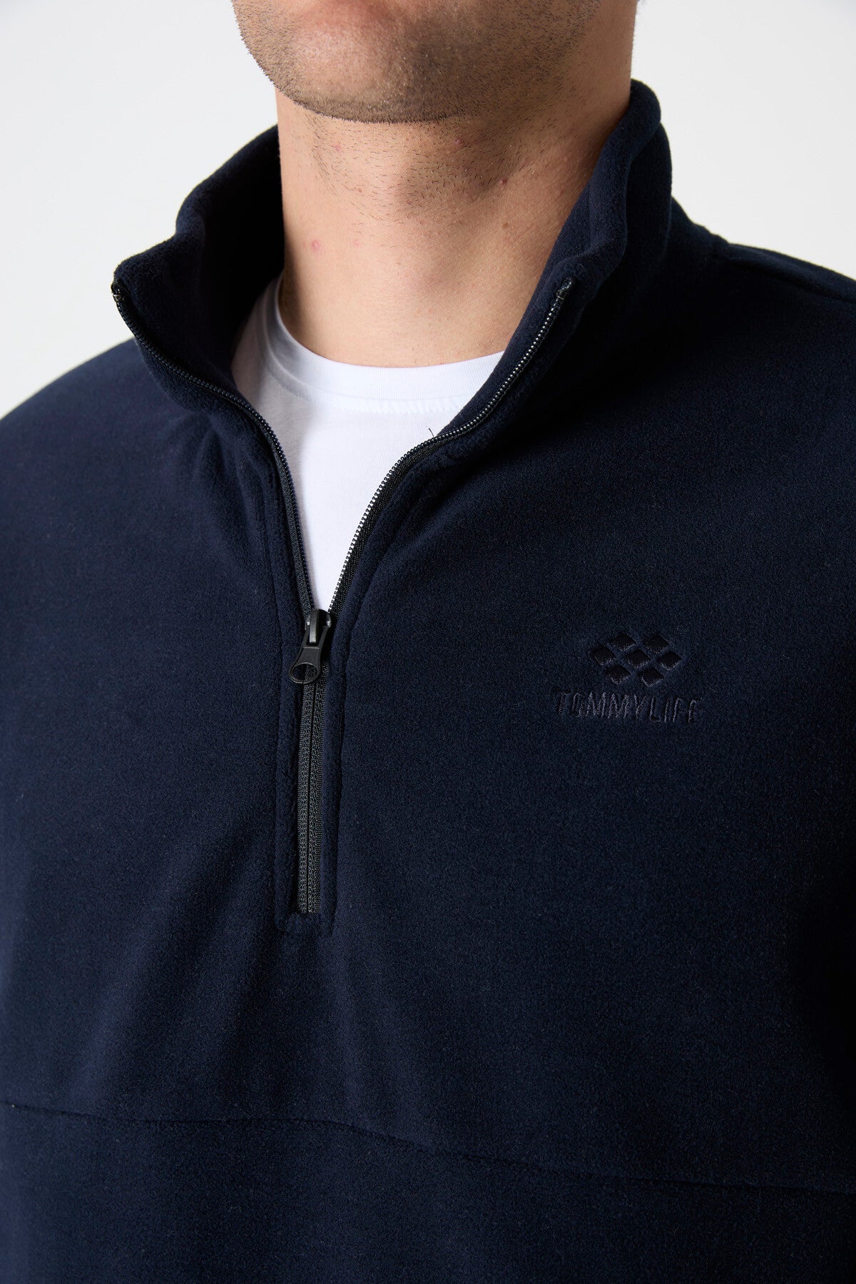 Navy Blue Half-Zip Sweatshirt Slim Fit Stand Collar Men's Fleece - 87891