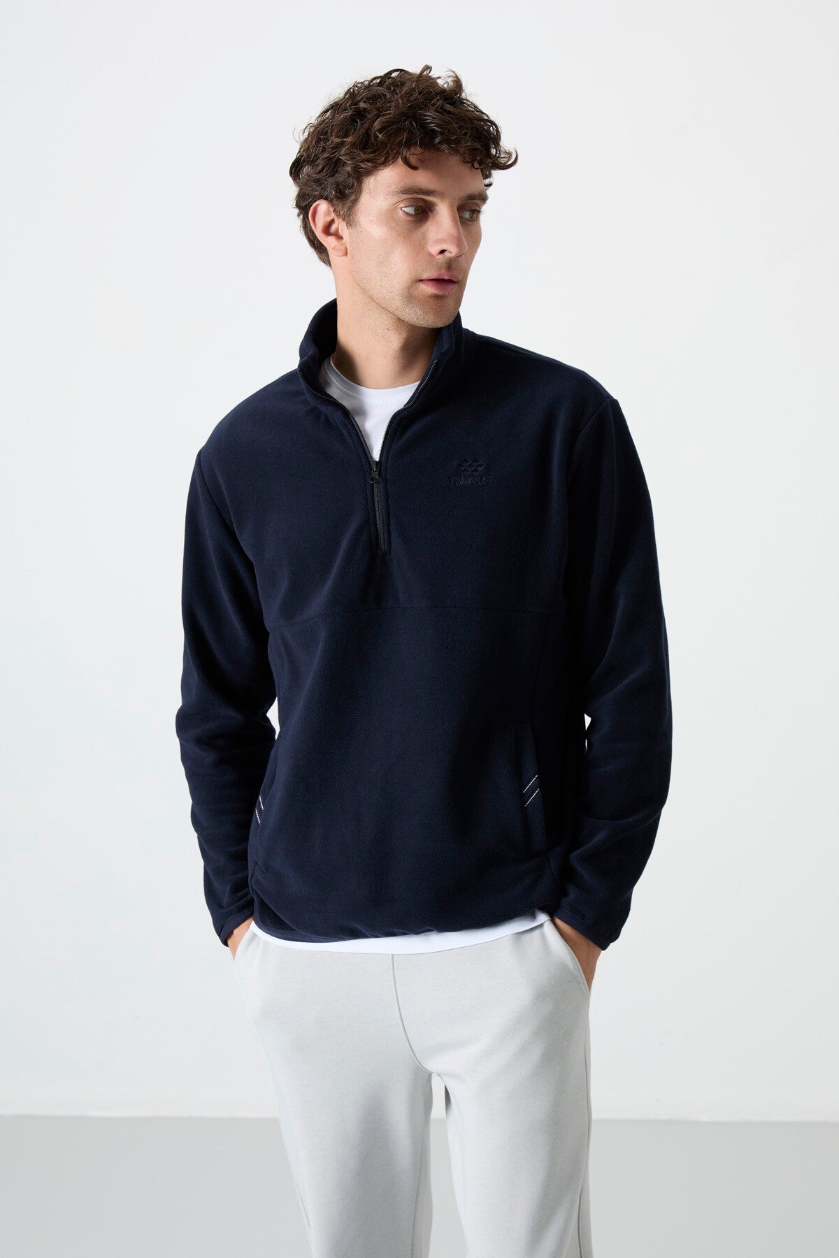 Navy Blue Half-Zip Sweatshirt Slim Fit Stand Collar Men's Fleece - 87891