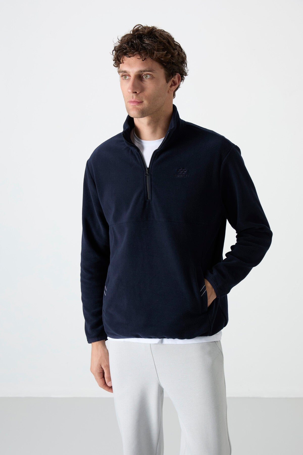 Navy Blue Half-Zip Sweatshirt Slim Fit Stand Collar Men's Fleece - 87891