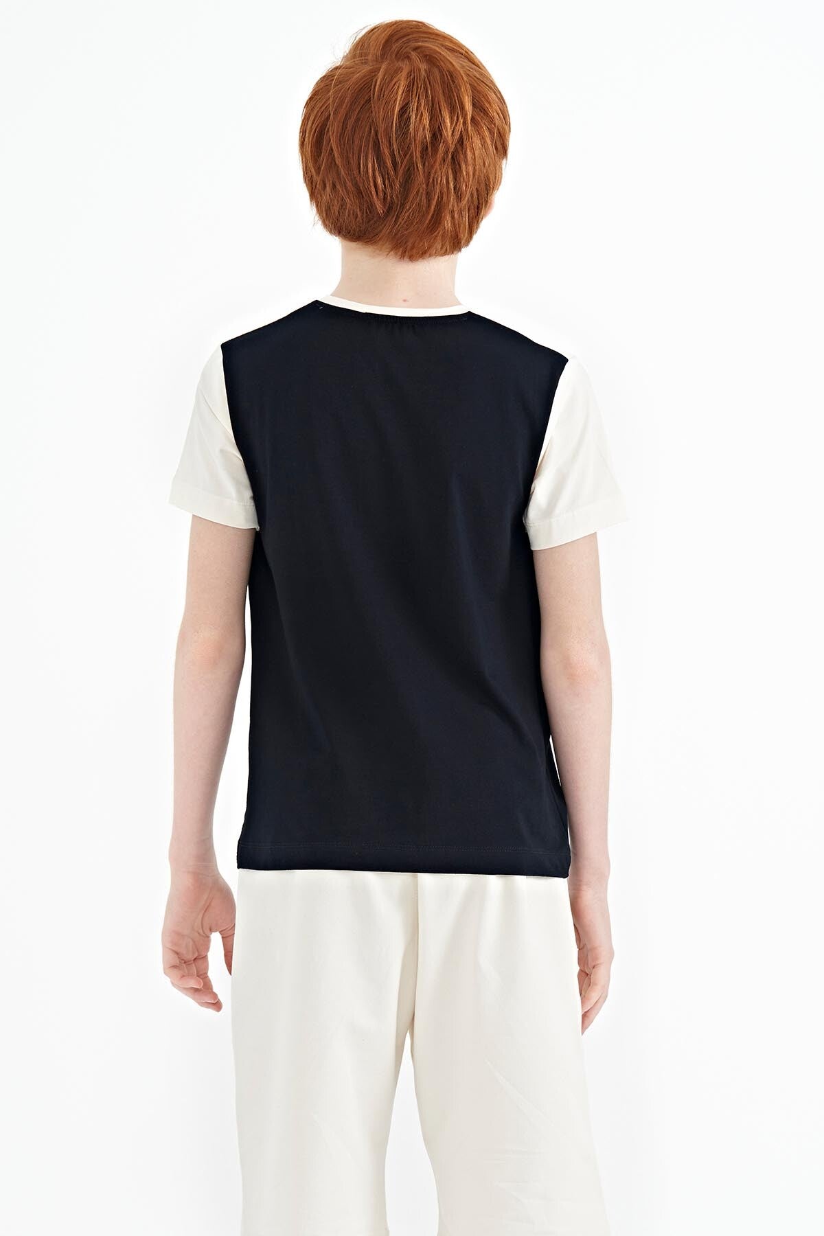 Navy Blue Printed Color Block Standard Fit O Collar Boys T-Shirt - 11134
