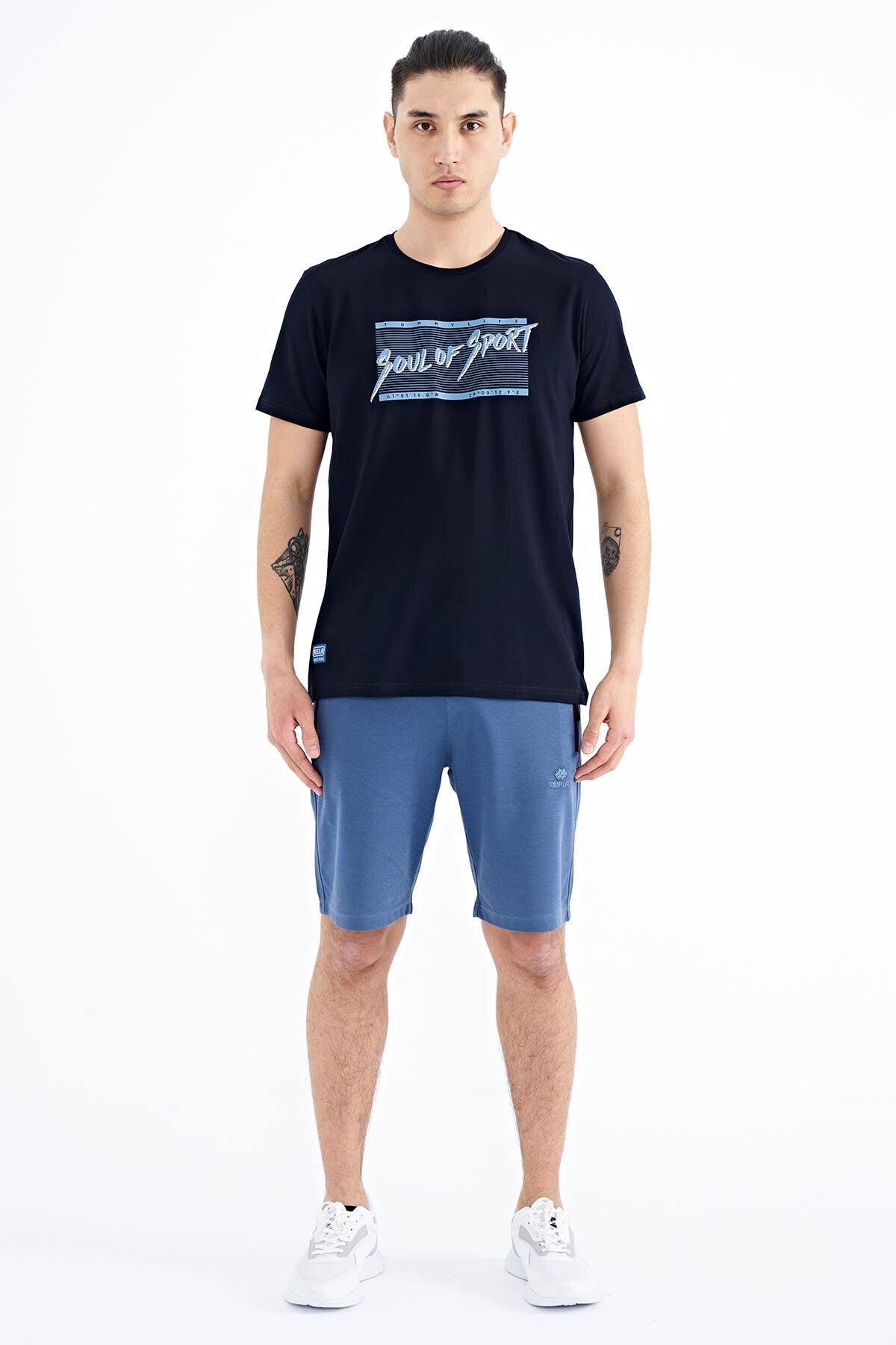Navy Blue Printed Lettering Pattern Standard Fit O Collar Men's T-Shirt - 88172