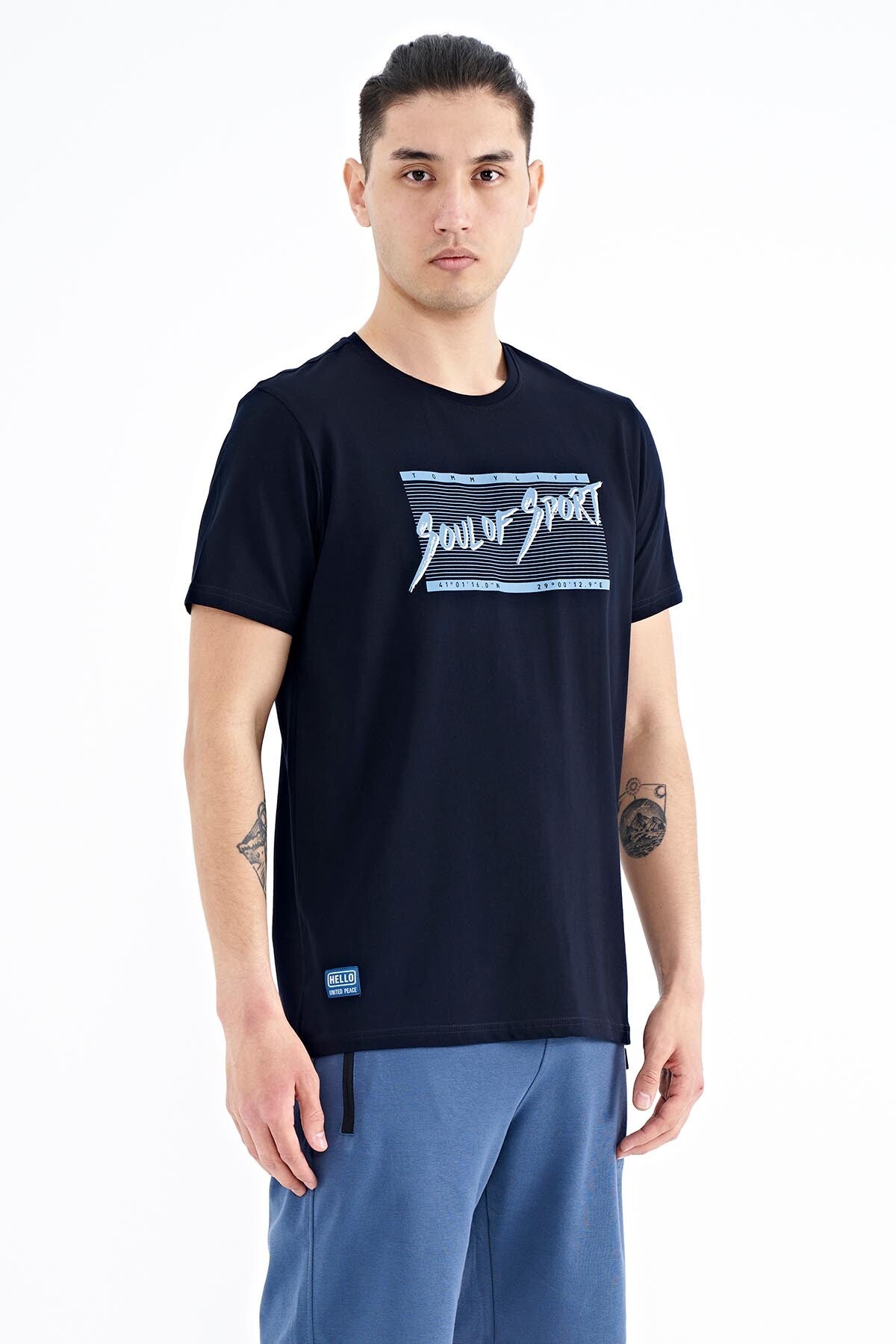 Navy Blue Printed Lettering Pattern Standard Fit O Collar Men's T-Shirt - 88172