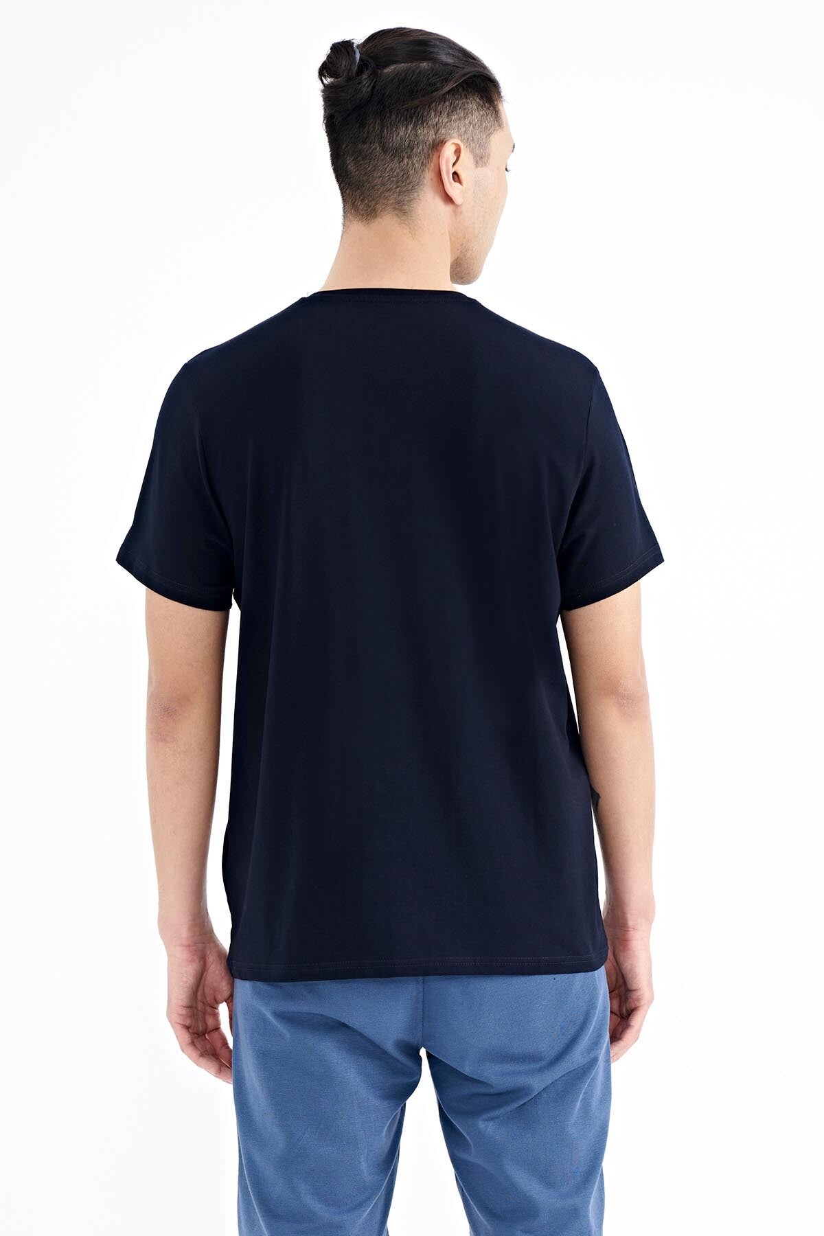 Navy Blue Printed Lettering Pattern Standard Fit O Collar Men's T-Shirt - 88172
