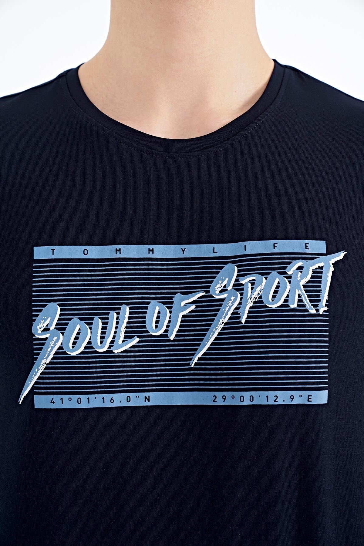 Navy Blue Printed Lettering Pattern Standard Fit O Collar Men's T-Shirt - 88172