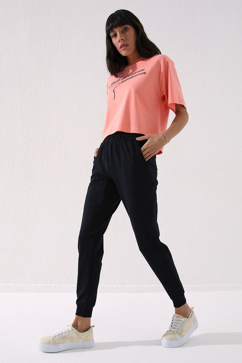 Navy High Waist Jogger Comfort Fit Cuffed Women's Tracksuit Bottom - 94561