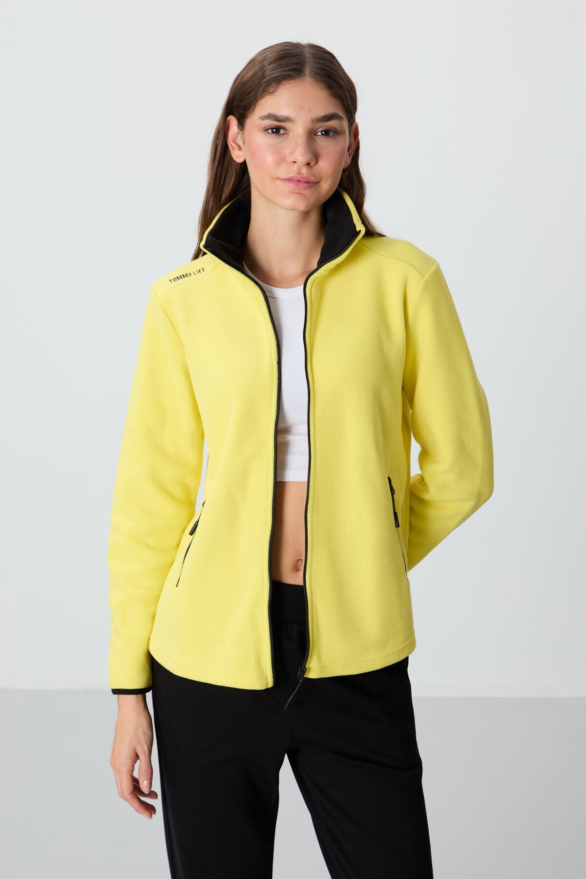 Lemon Print Collar Zippered Comfort Fit Women's Fleece Sweatshirt - 97173