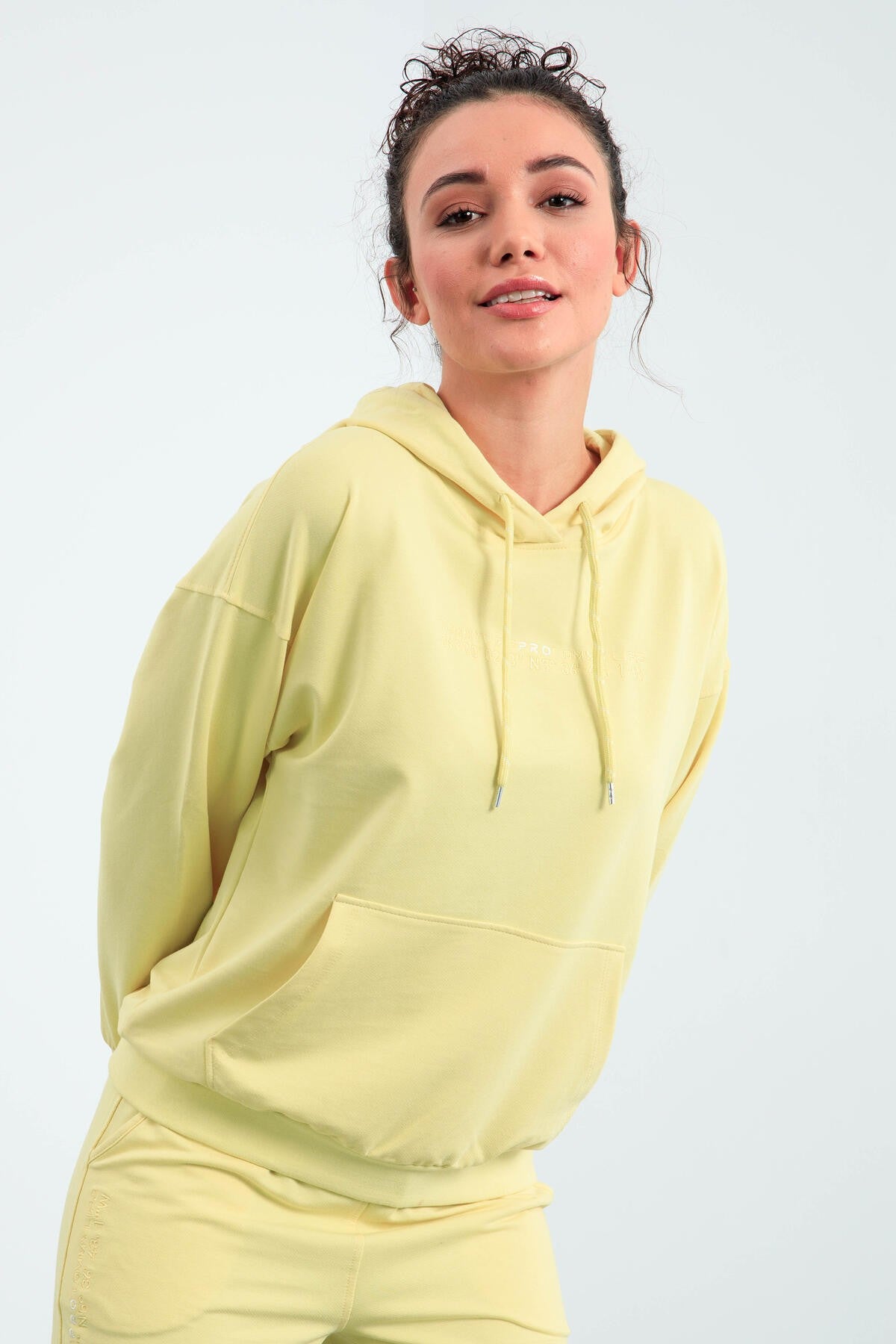 Hooded Lemon Kangaroo Pocket Oversize Elastic Cuffed Women's Tracksuit Set - 95288