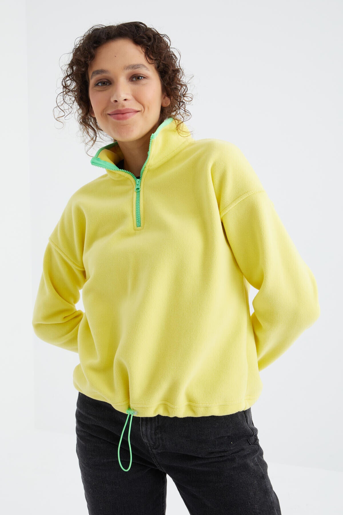 Lemon Half Zipper Skirt Hem Gathers Straight Collar Oversize Women's Fleece Sweatshirt - 97234
