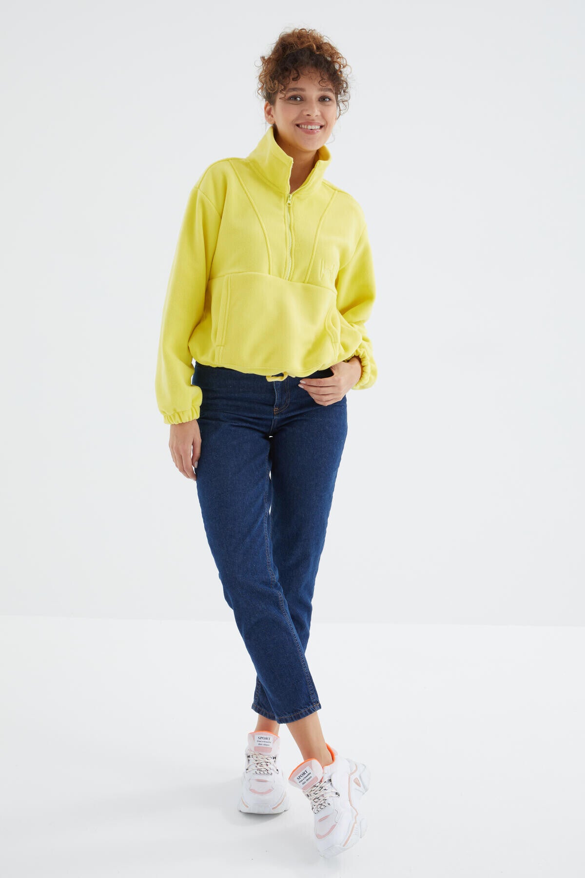 Lemon Half Zipper Skirt with Gathered Hem Women's Polar Oversize Sweatshirt - 97171