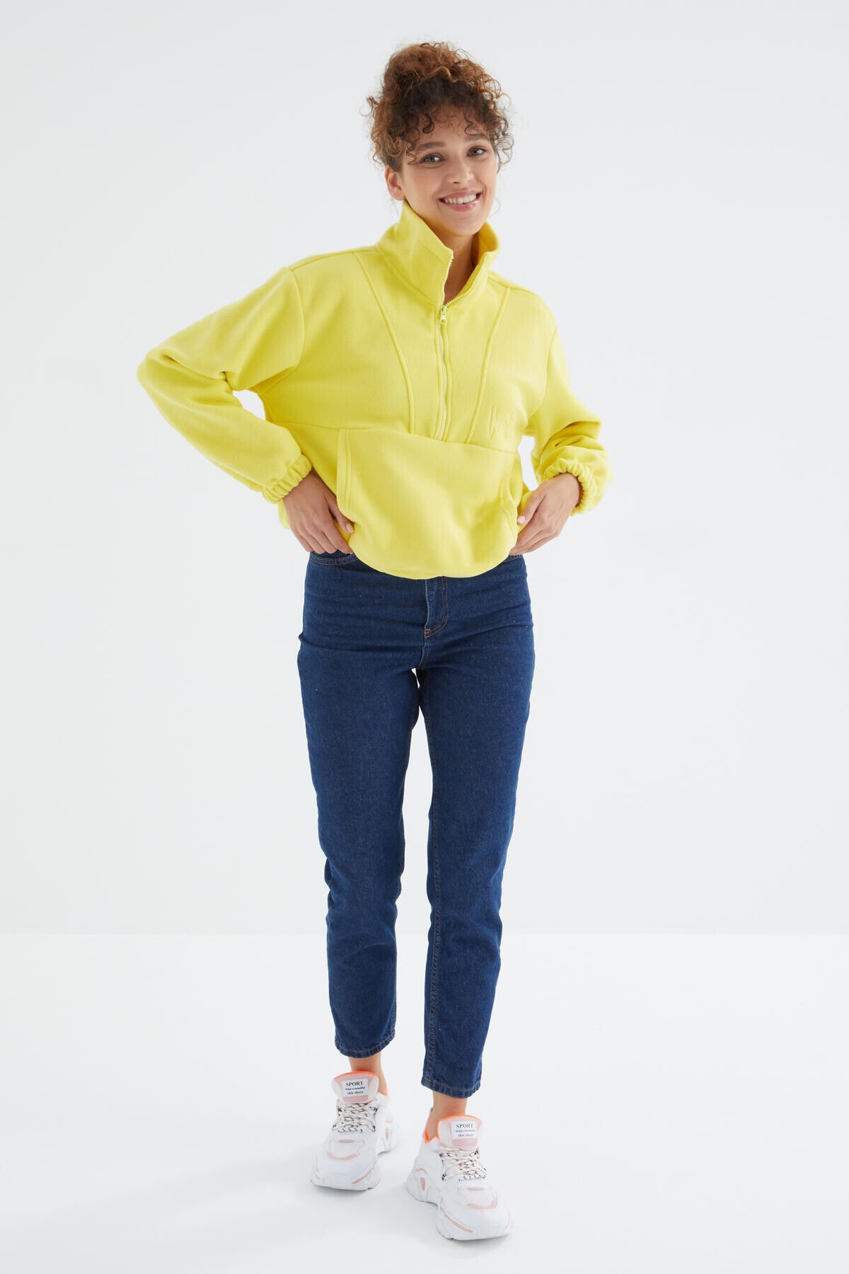Lemon Half Zipper Skirt with Gathered Hem Women's Polar Oversize Sweatshirt - 97171