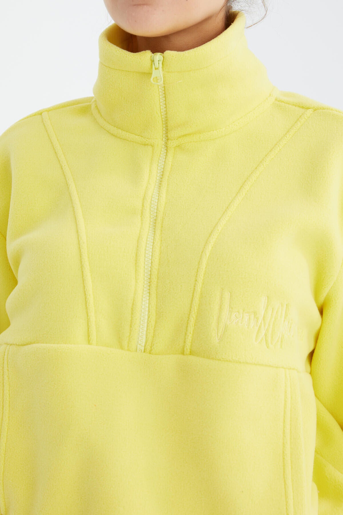 Lemon Half Zipper Skirt with Gathered Hem Women's Polar Oversize Sweatshirt - 97171