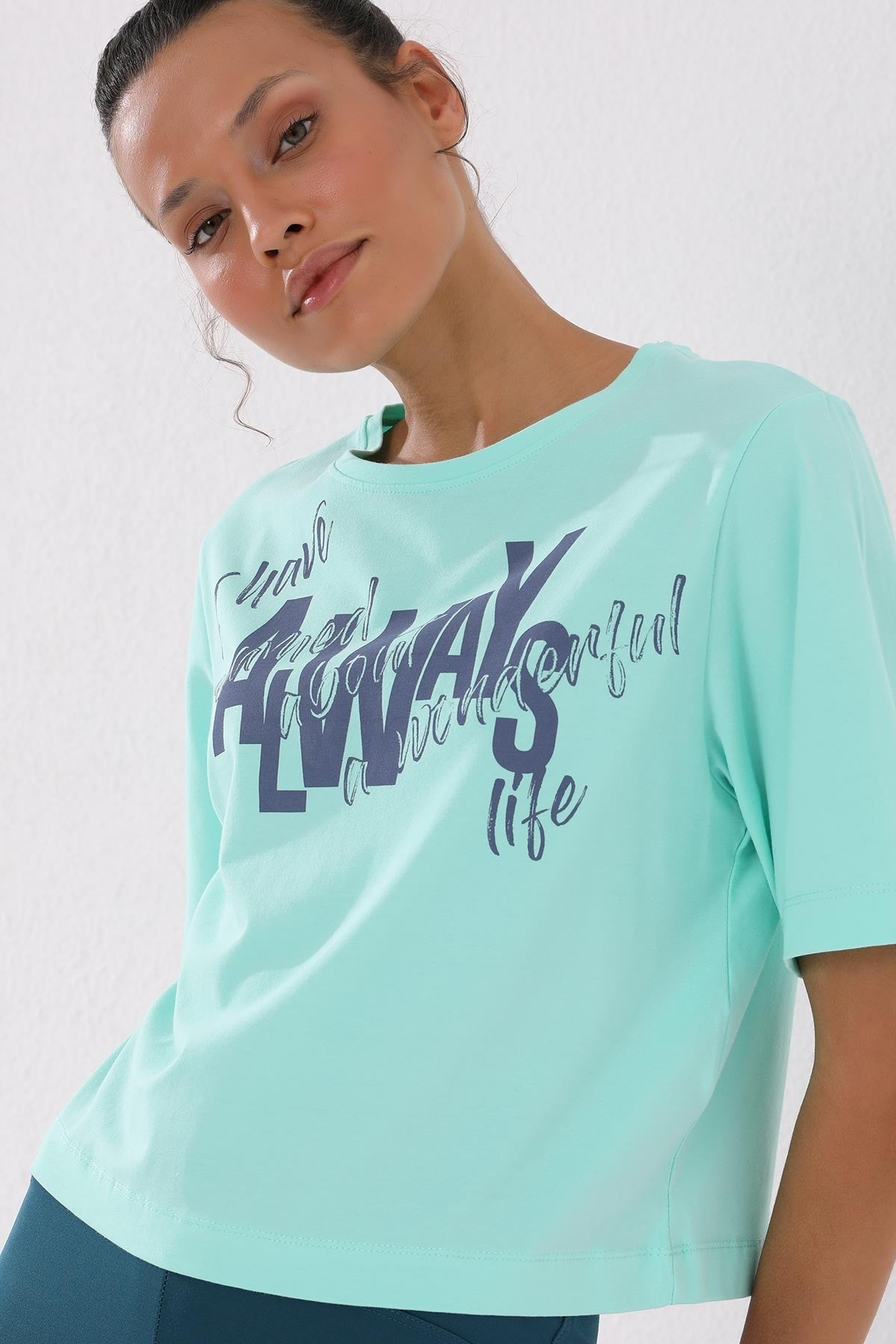 Mint Green Asymmetric Print O Collar Women's Oversize T-Shirt - 97136