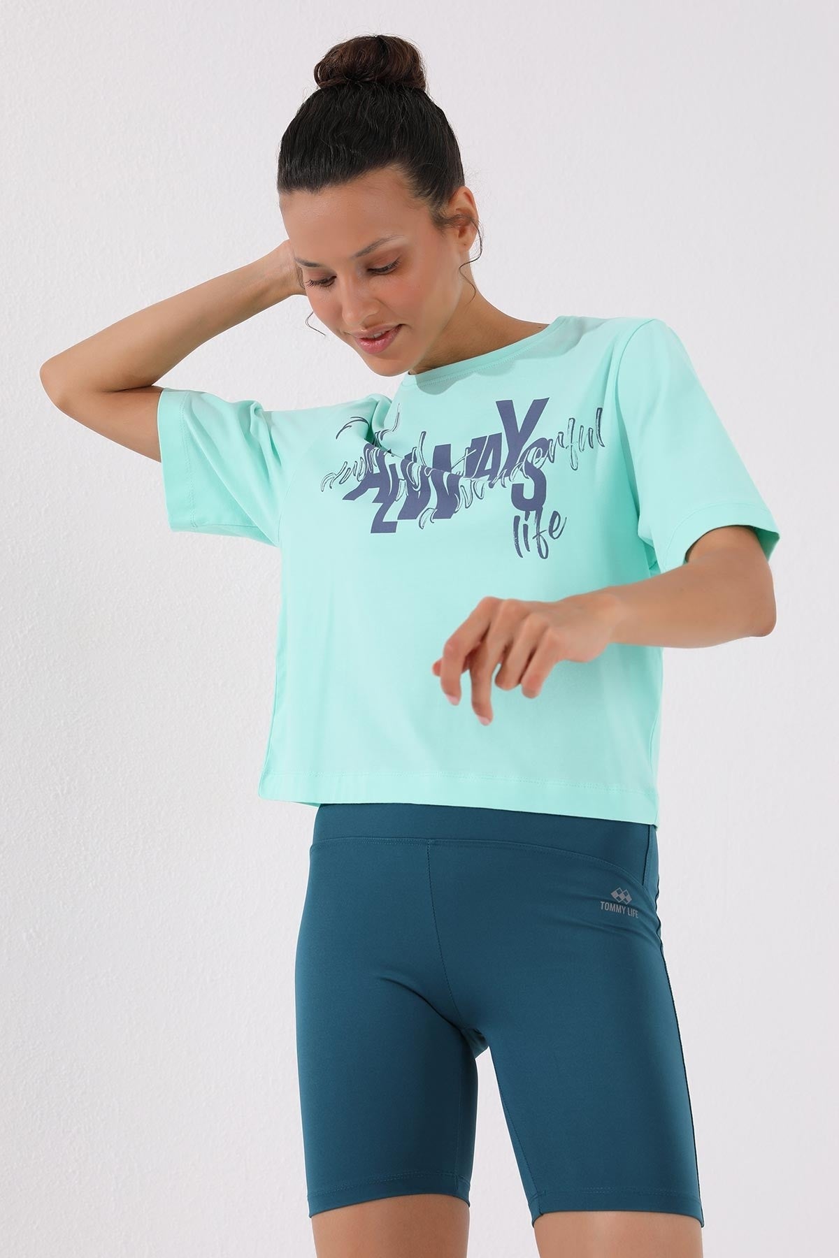 Mint Green Asymmetric Print O Collar Women's Oversize T-Shirt - 97136