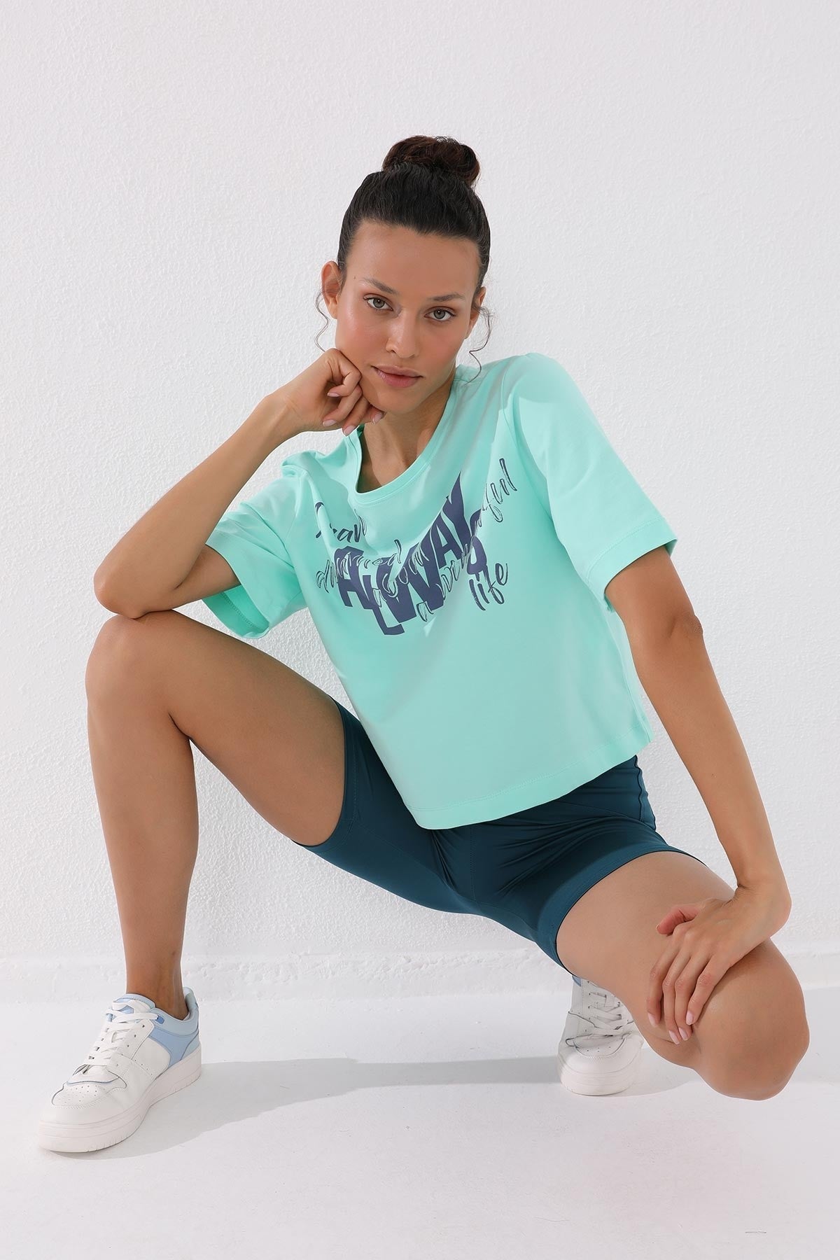 Mint Green Asymmetric Print O Collar Women's Oversize T-Shirt - 97136