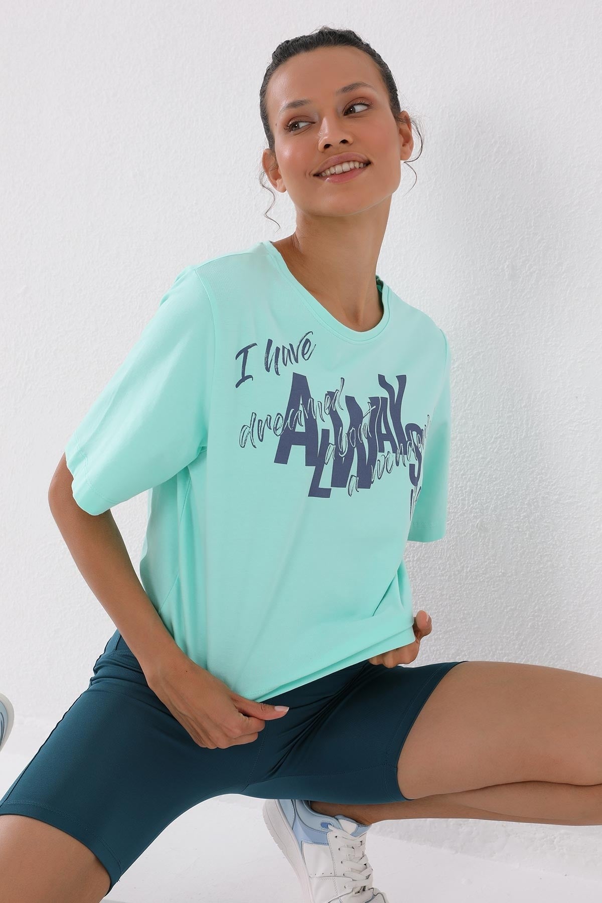 Mint Green Asymmetric Print O Collar Women's Oversize T-Shirt - 97136