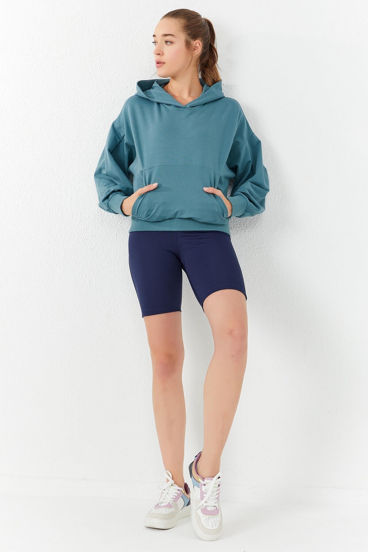 Mint Green Balloon Sleeve Hooded Women's Oversize Sweatshirt - 97156