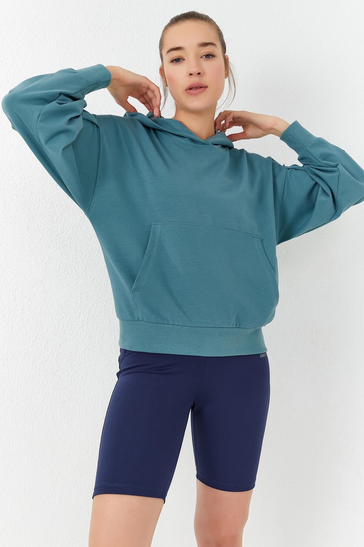 Mint Green Balloon Sleeve Hooded Women's Oversize Sweatshirt - 97156