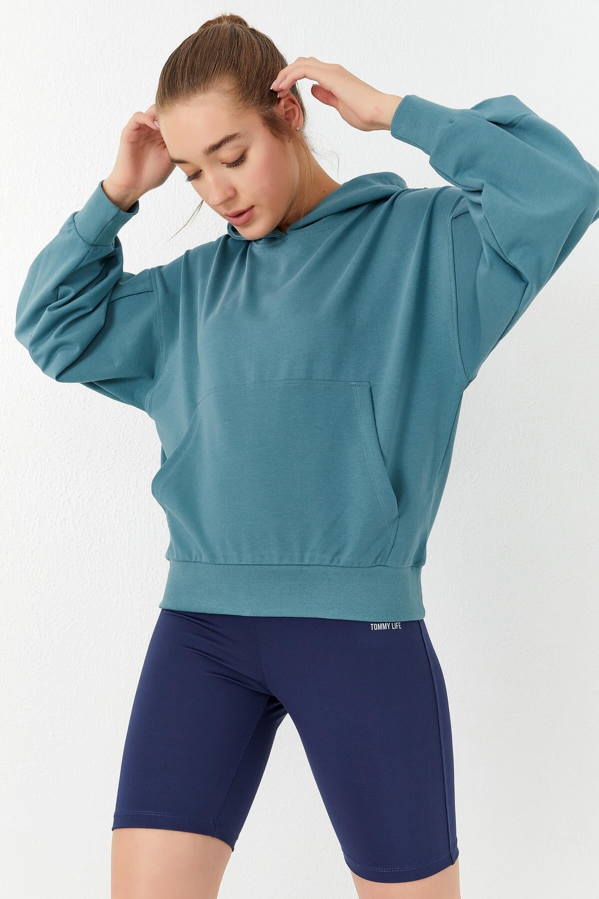 Mint Green Balloon Sleeve Hooded Women's Oversize Sweatshirt - 97156