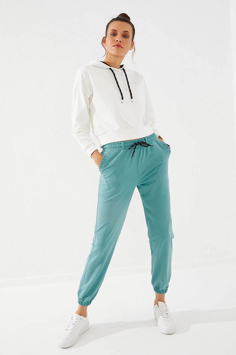 Mint Green Pleated Pocket Comfortable Form Elastic Cuff Women's Tracksuit Bottom - 94580