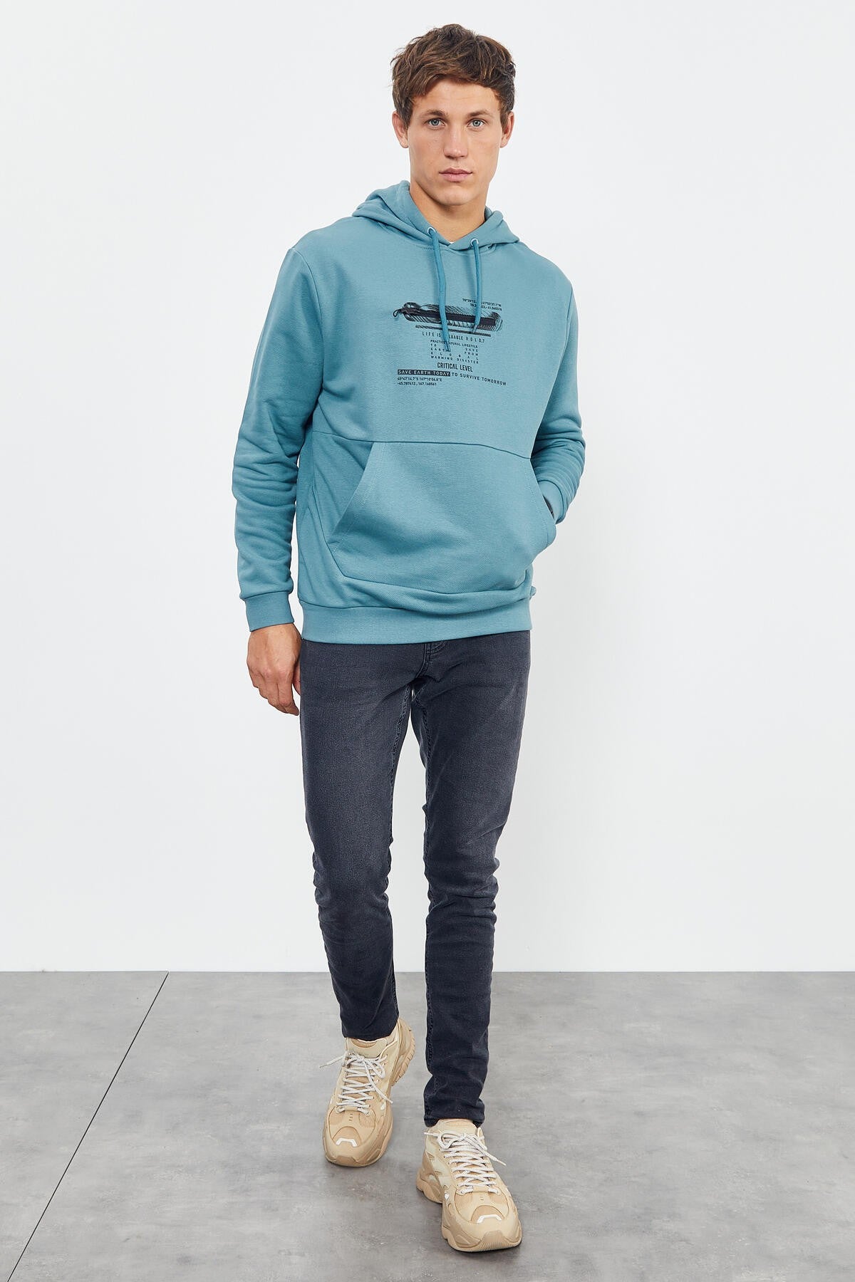 Mint Green Printed Hooded Kangaroo Pocket Comfort Fit Men's Sweatshirt - 88019