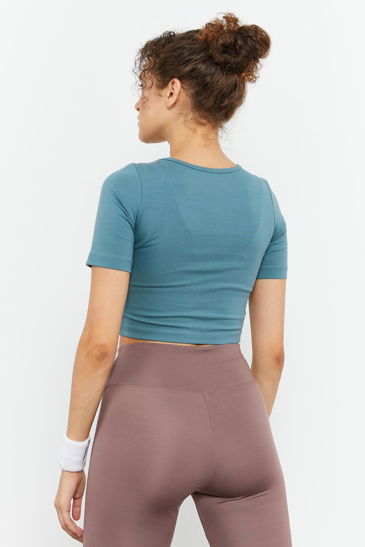 Mint Green Short Sleeve Slim Fit O Neck Women's Crop Top T-Shirt - 97149