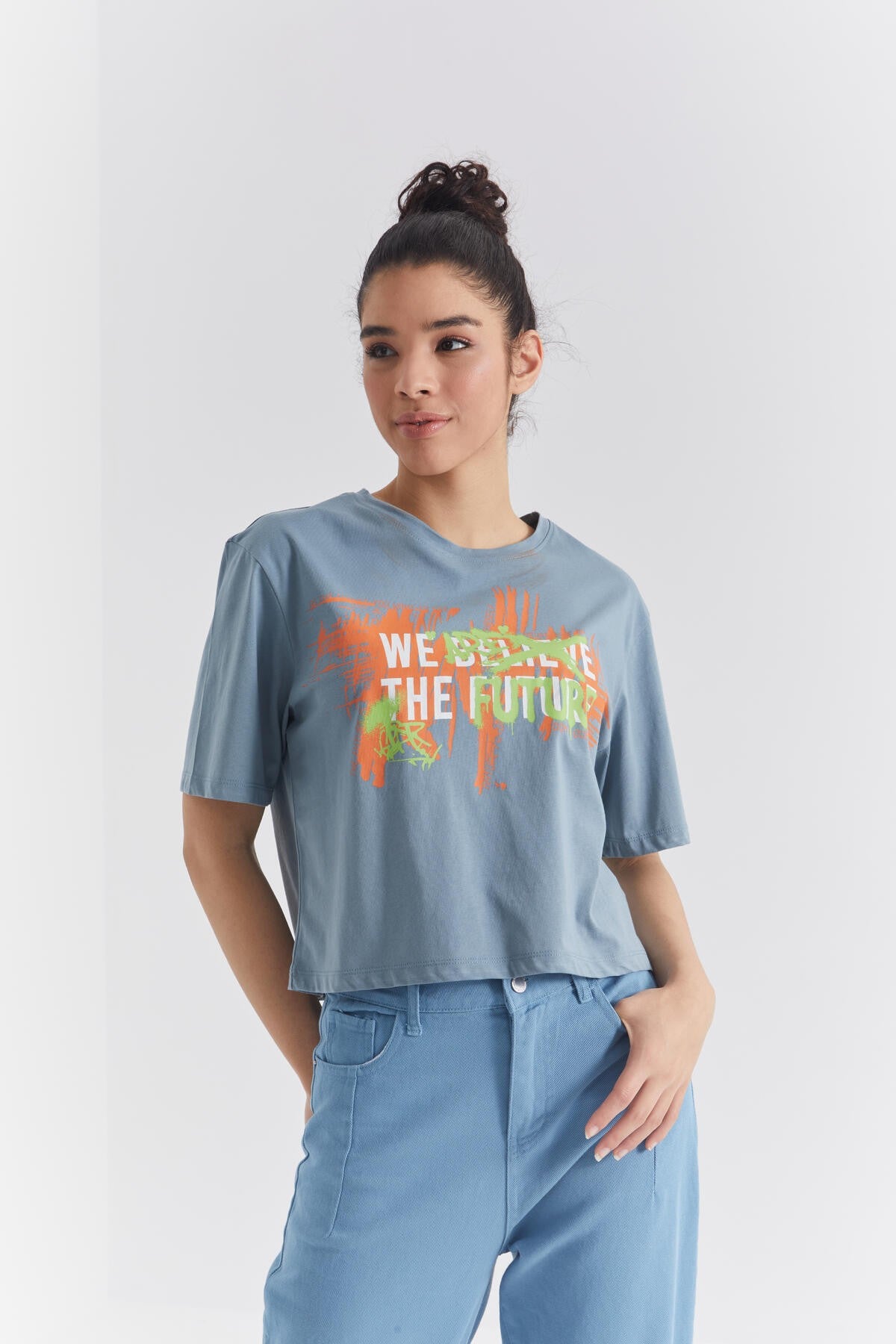 Mint Green Color Printed O Collar Women's Oversize T-Shirt - 97212