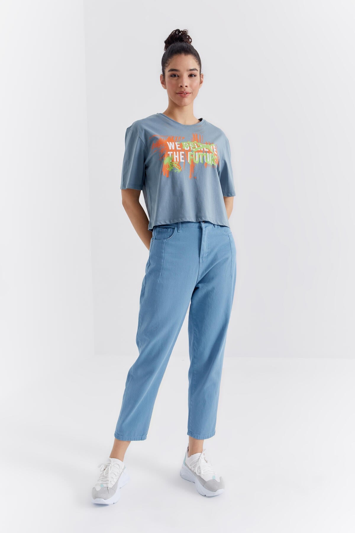 Mint Green Color Printed O Collar Women's Oversize T-Shirt - 97212