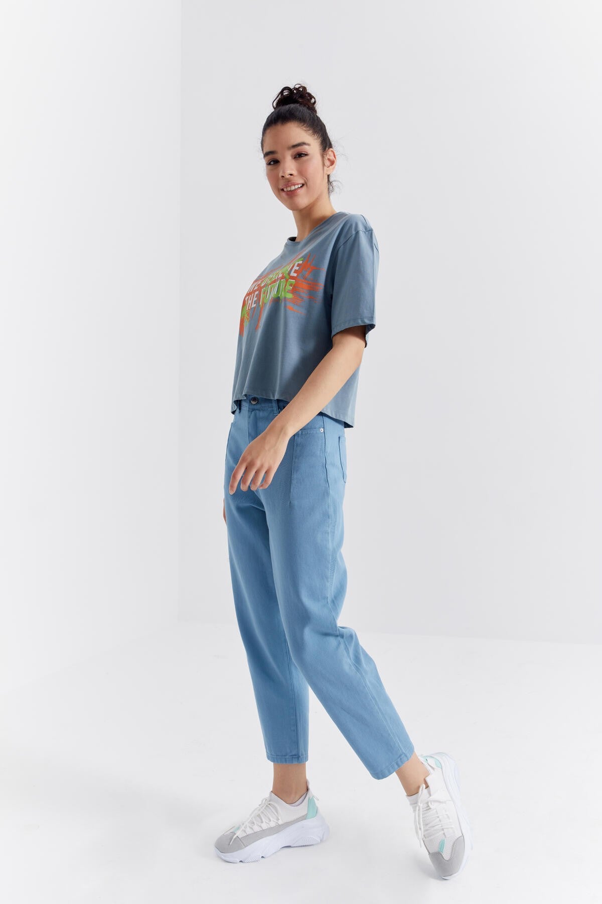 Mint Green Color Printed O Collar Women's Oversize T-Shirt - 97212